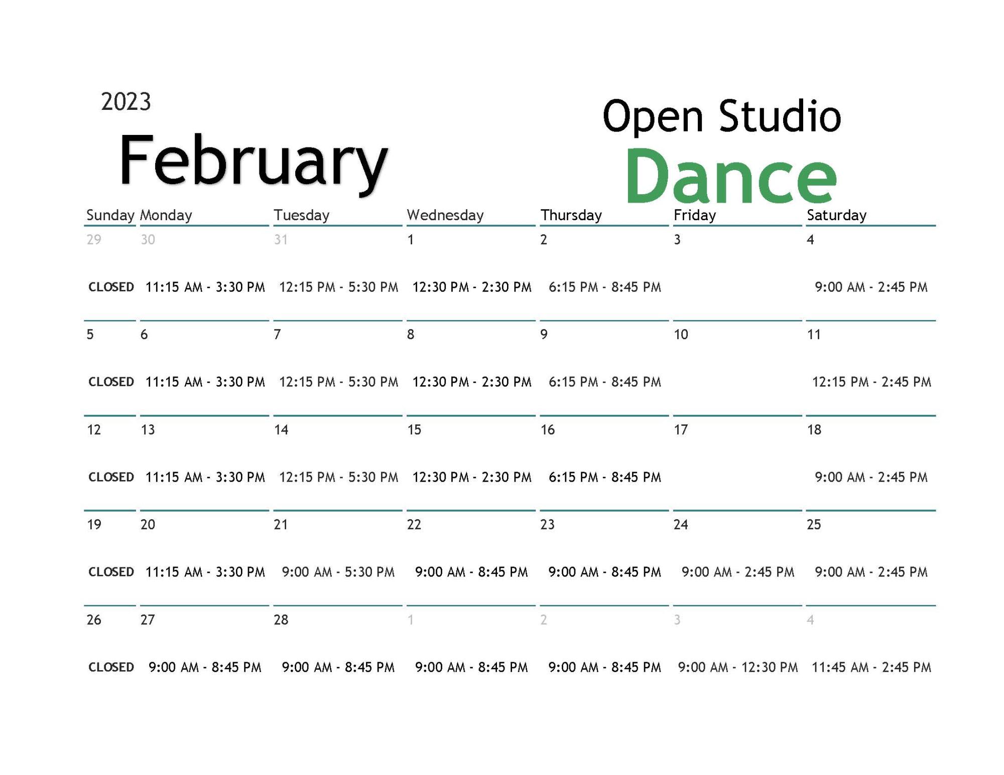 February Dance Open Studio Calendar