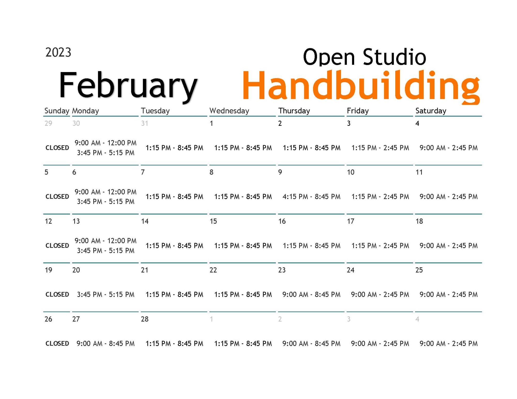 February Handbuilding Open Studio Calendar