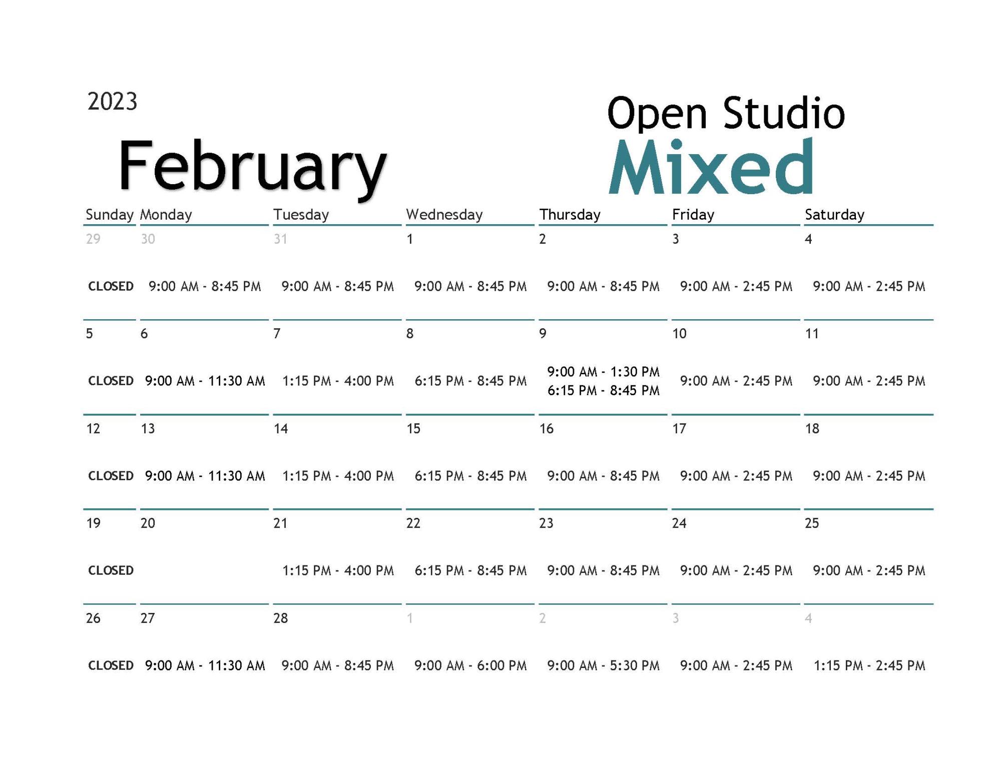 February Mixed Media Open Studio Calendar