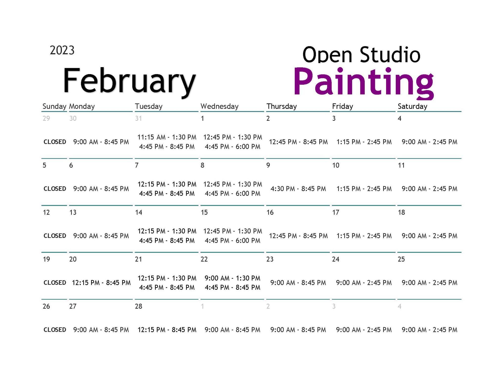 February Painting Open Studio Calendar