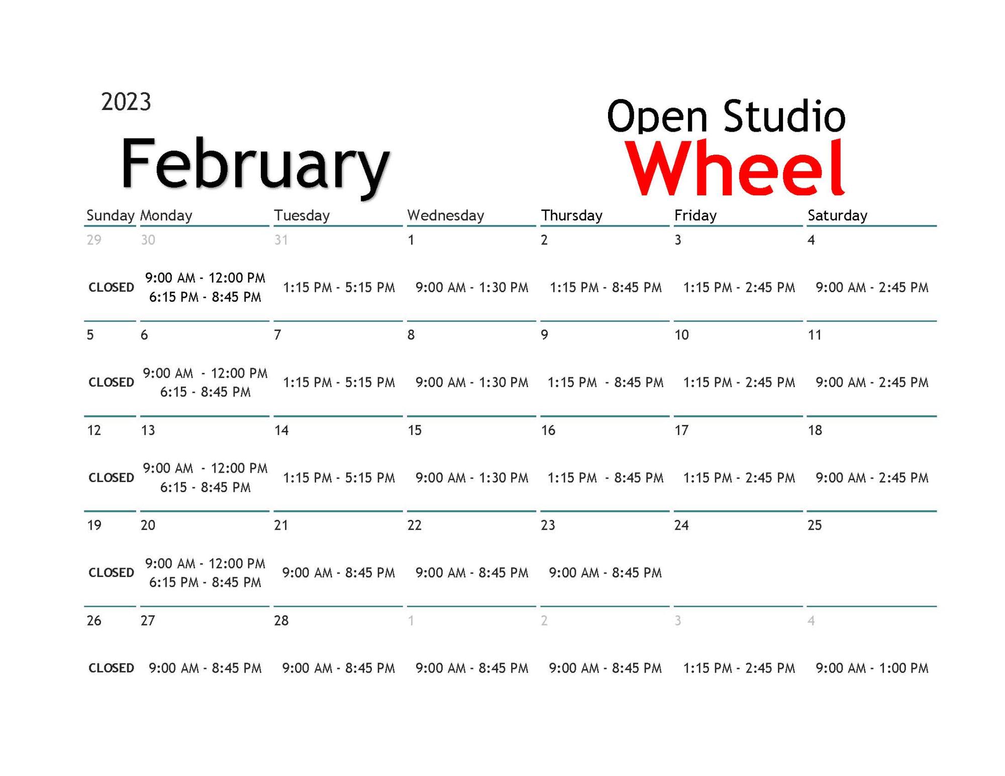 February Wheel Throwing Open Studio Calendar