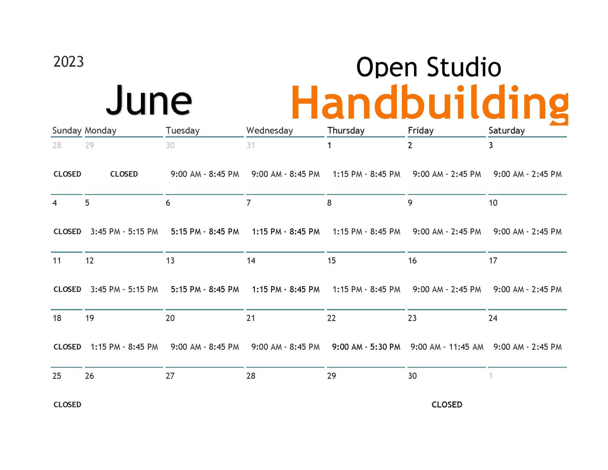 June Handbuilding Open Studio Calendar