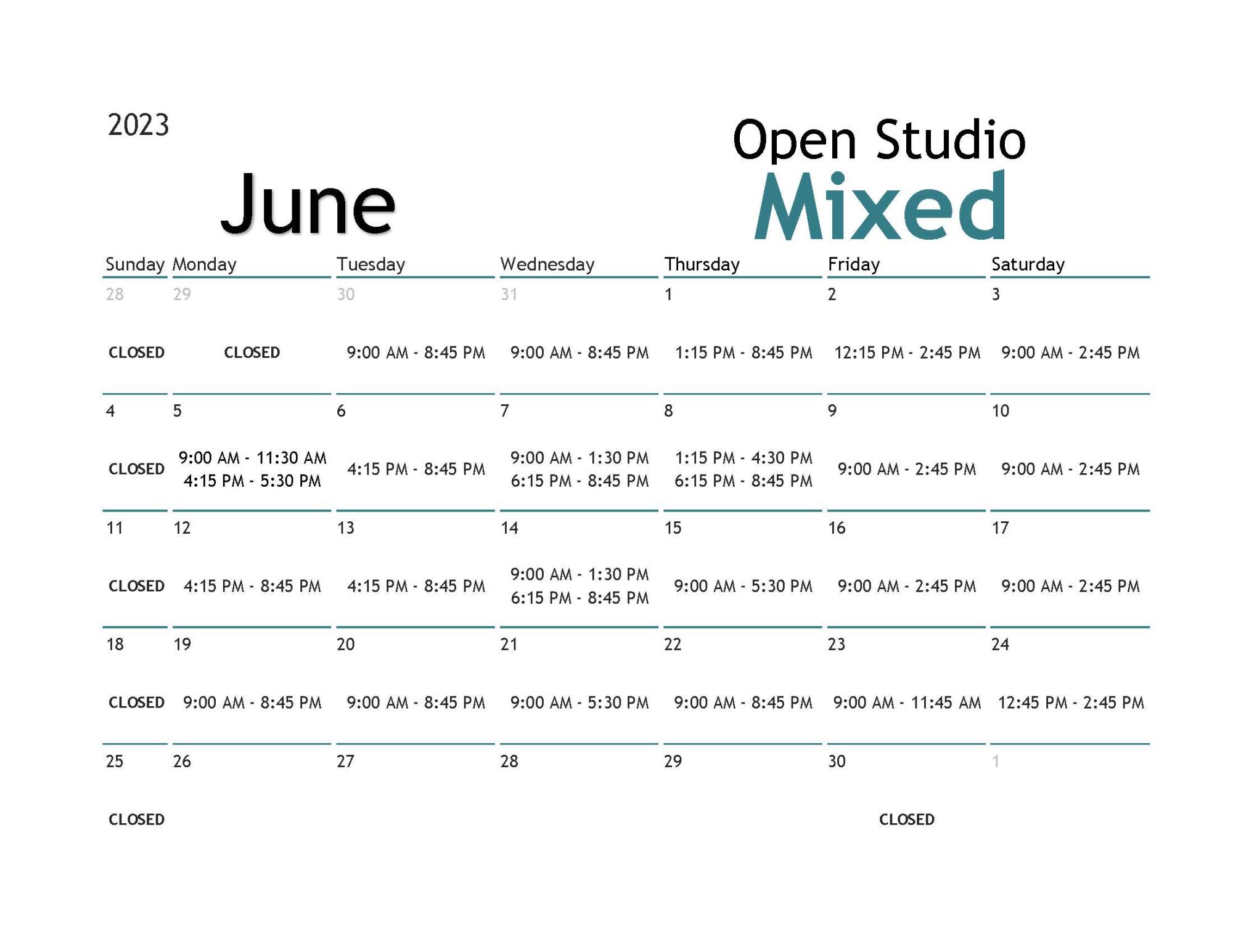 June Mixed Media Open Studio Calendar