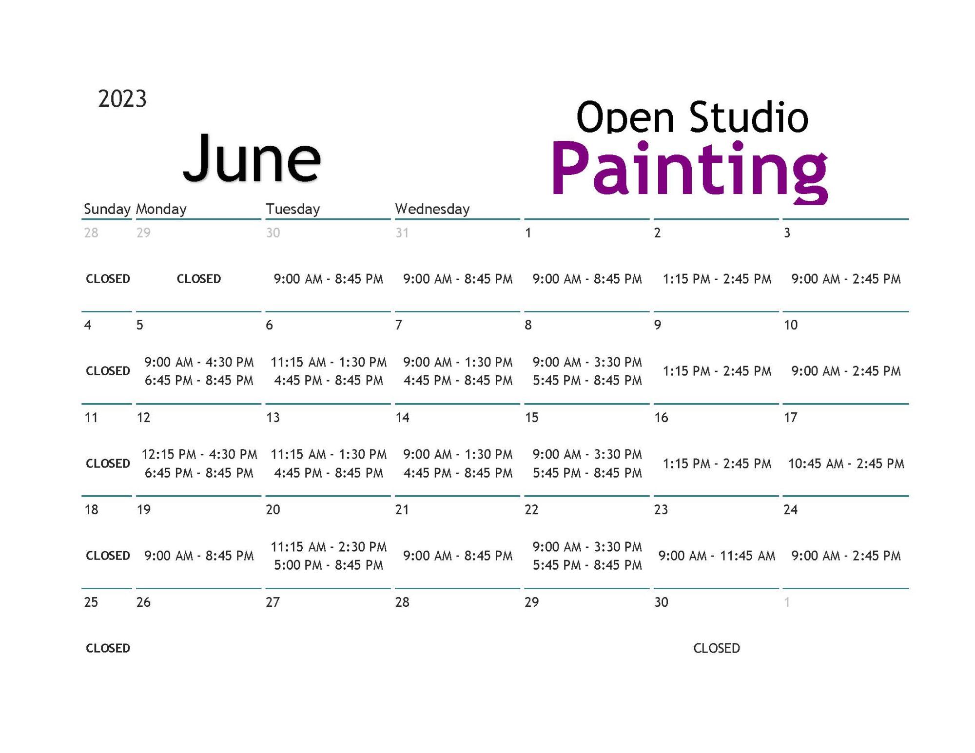 June Painting Open Studio Calendar