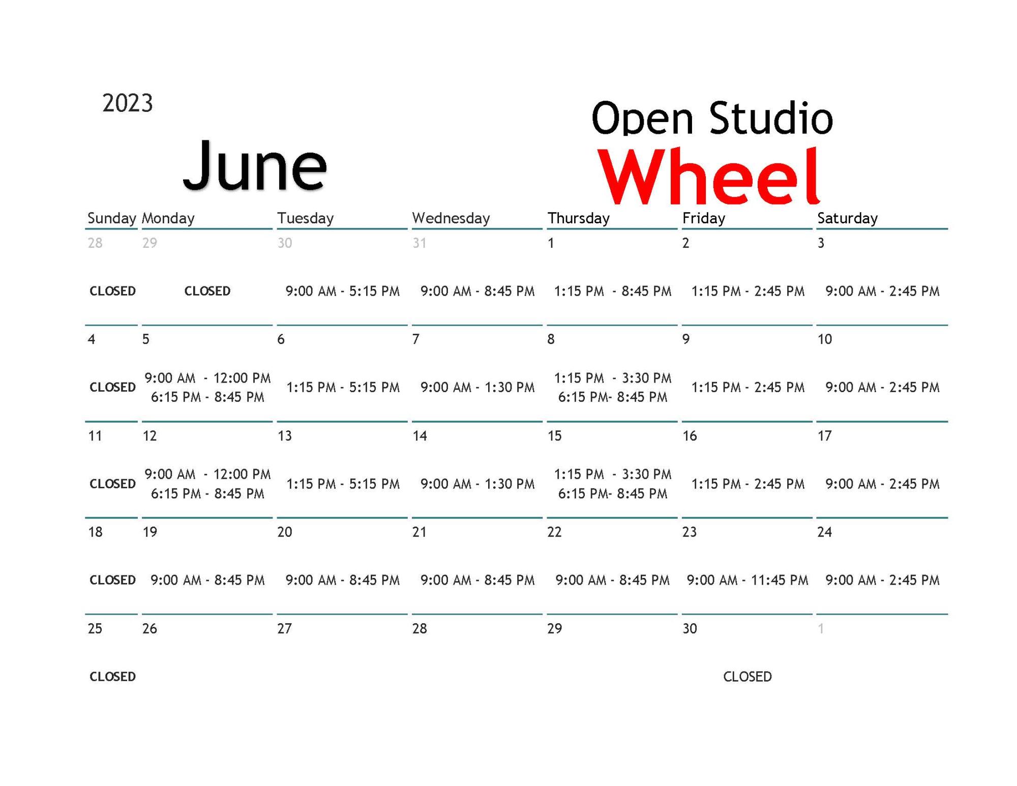 June Wheel Throwing Open Studio Calendar