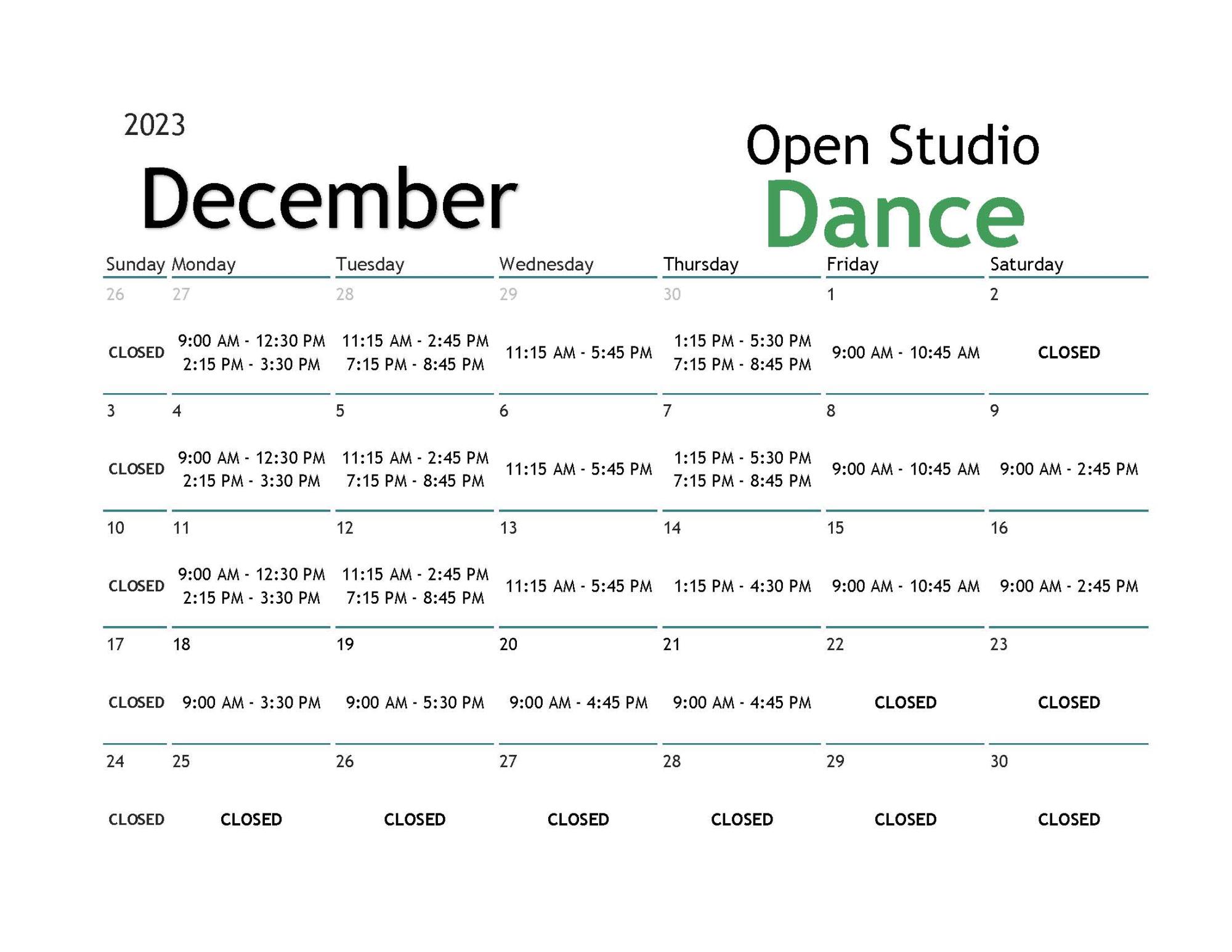 December Dance Open Studio Calendar