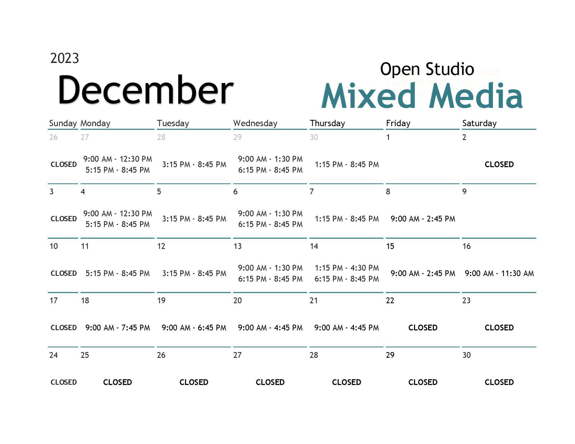 December Mixed Media Open Studio Calendar