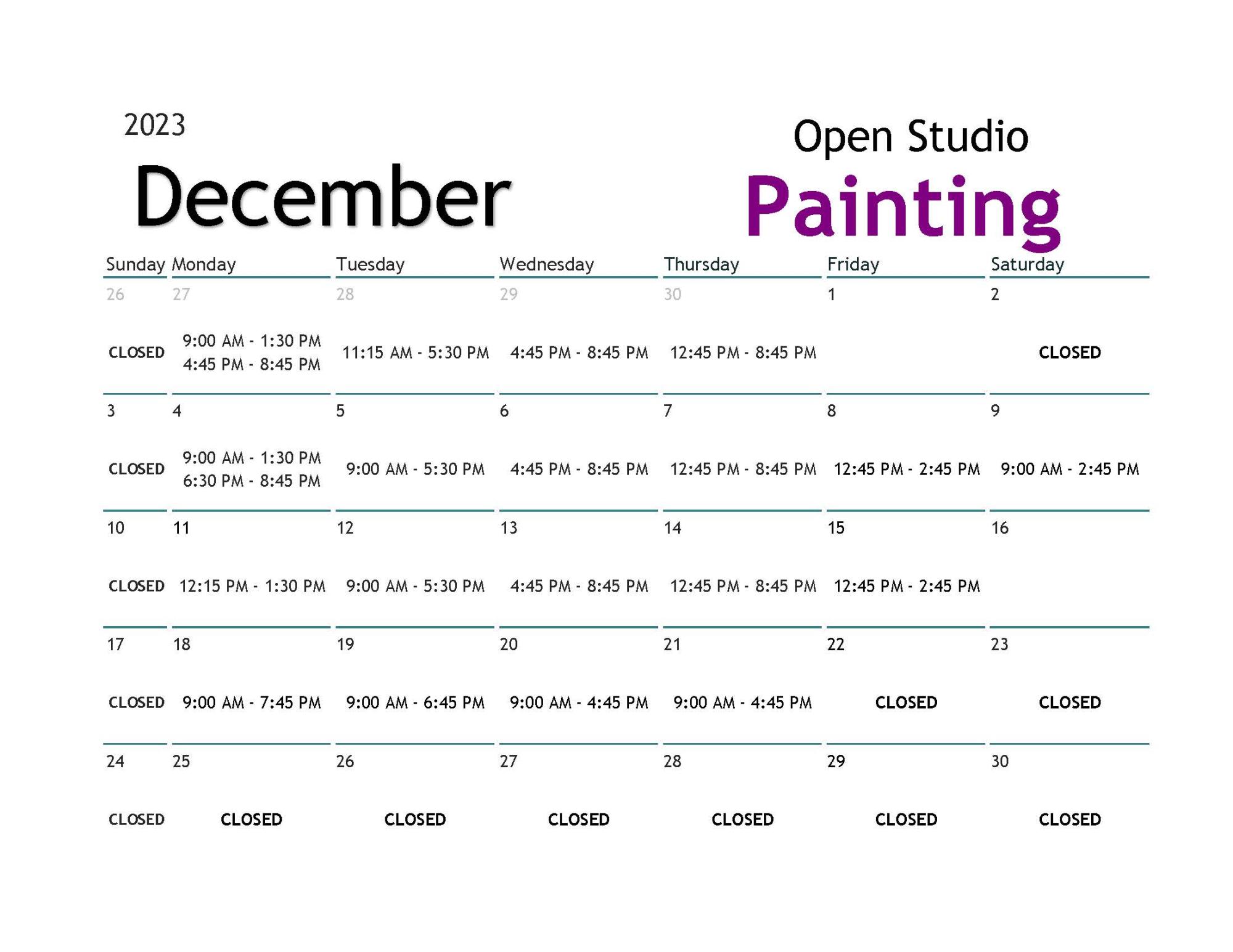 December Painting Open Studio Calendar