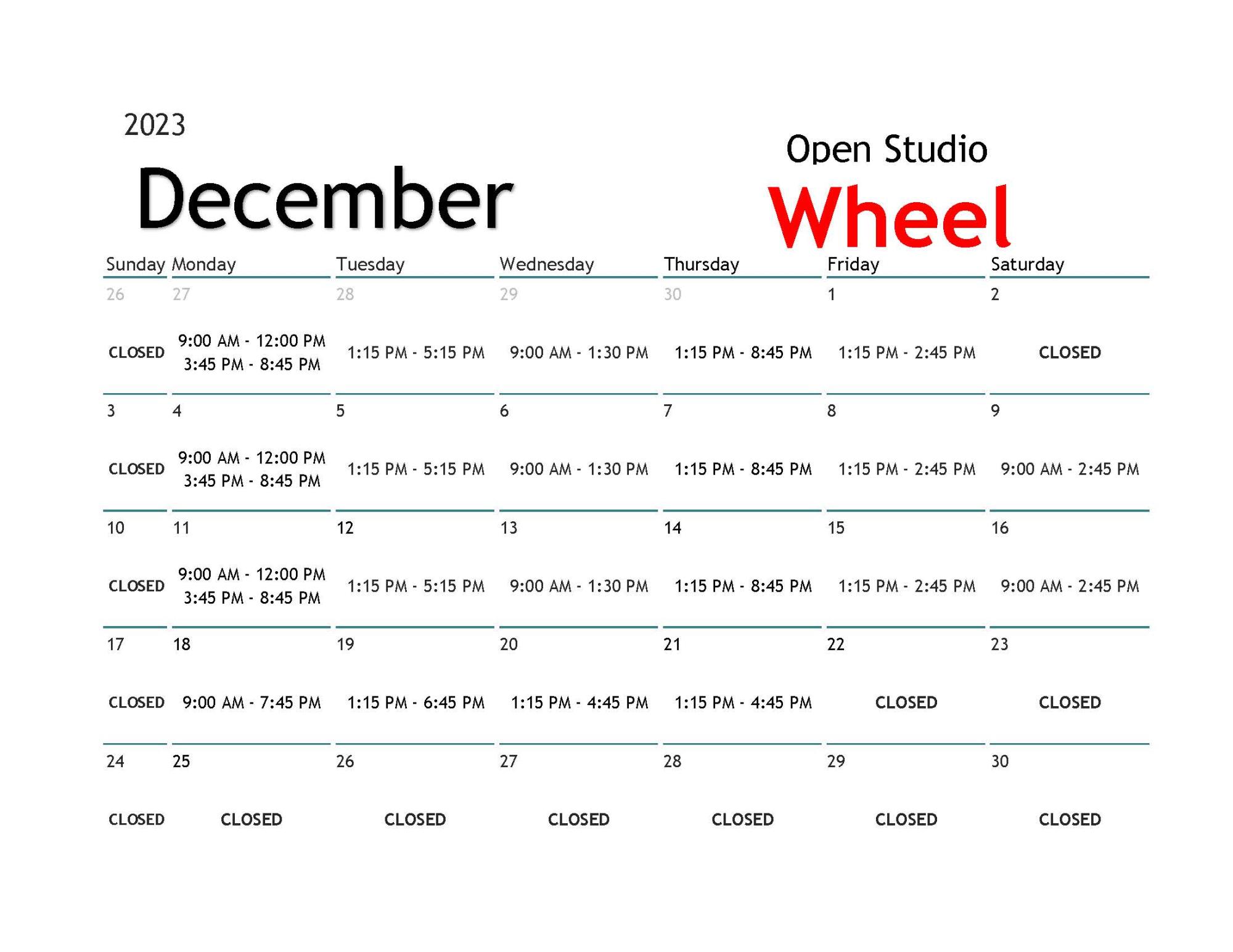 December Wheel Throwing Open Studio Calendar