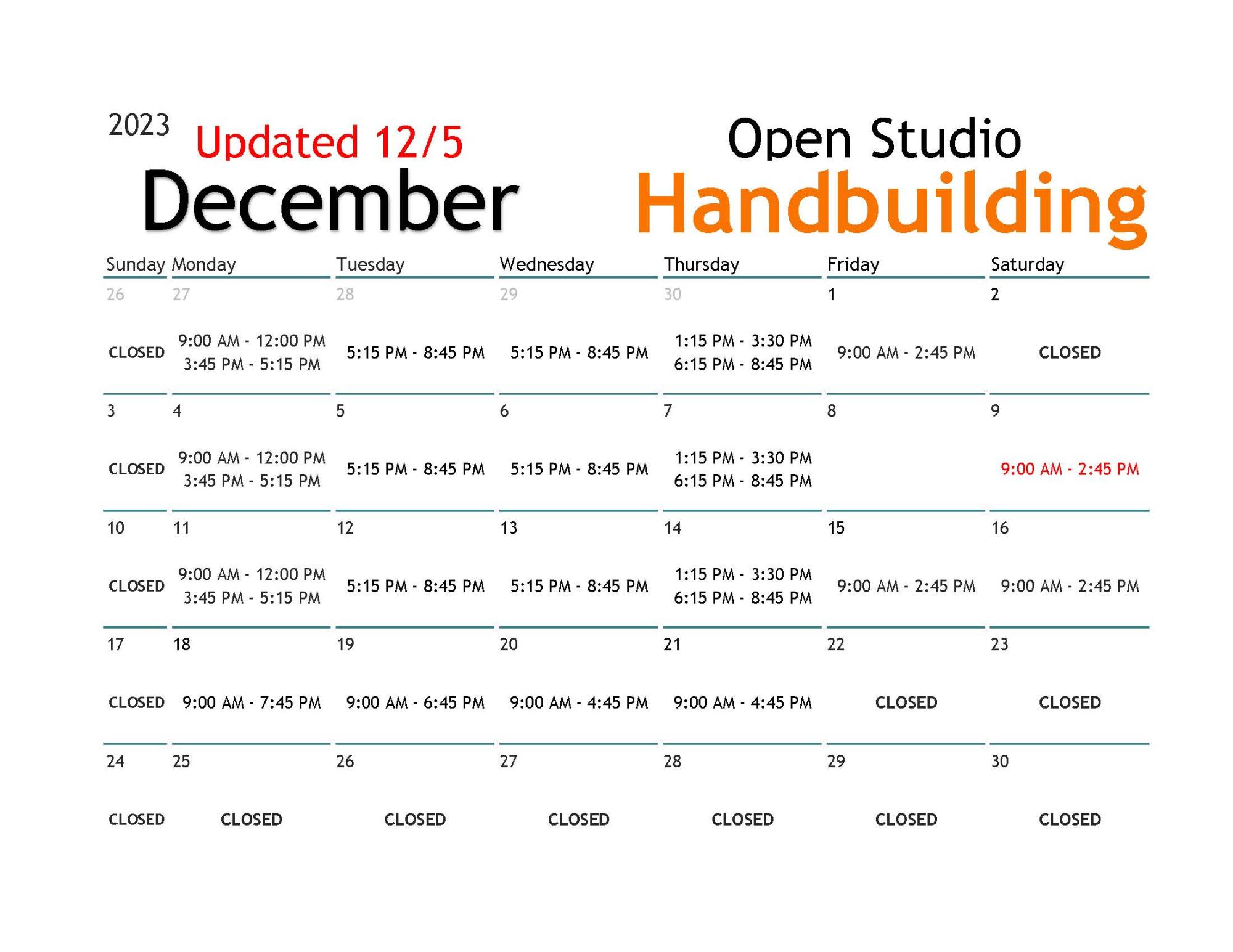 Updated December Handbuilding Open Studio Calendar