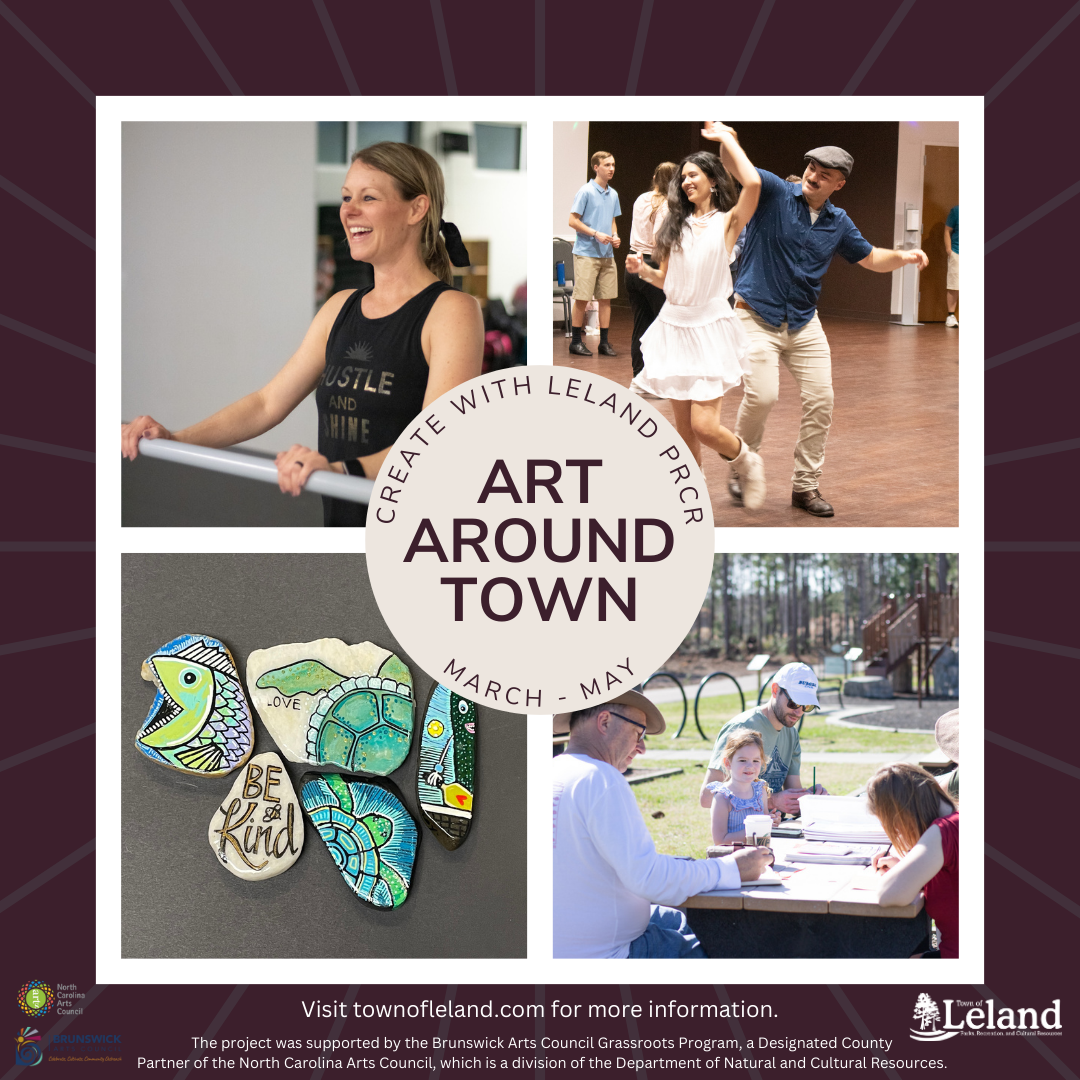 Art Around Town Graphic with Barre Exercise, Swing Dance, Rock Painting, and Sketching in the Park