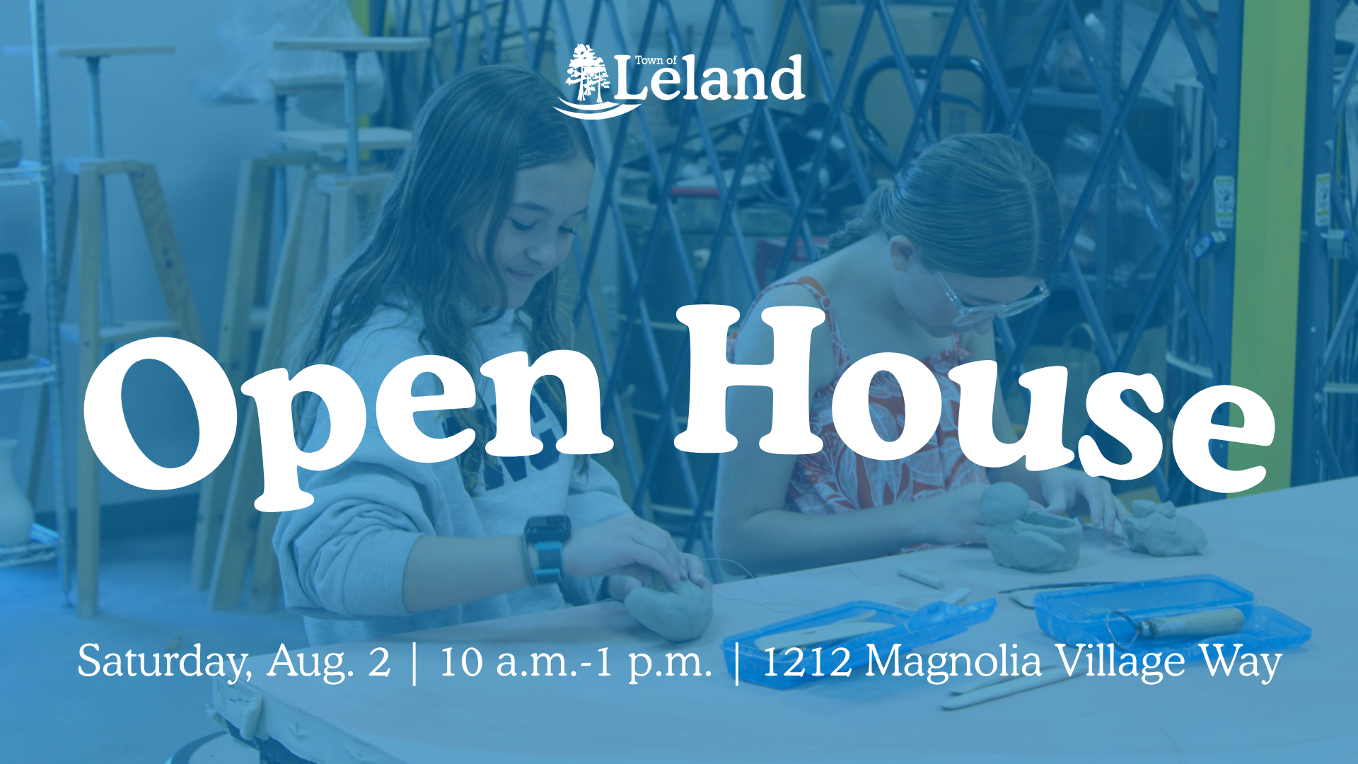 Two girls working with clay and Open House information.