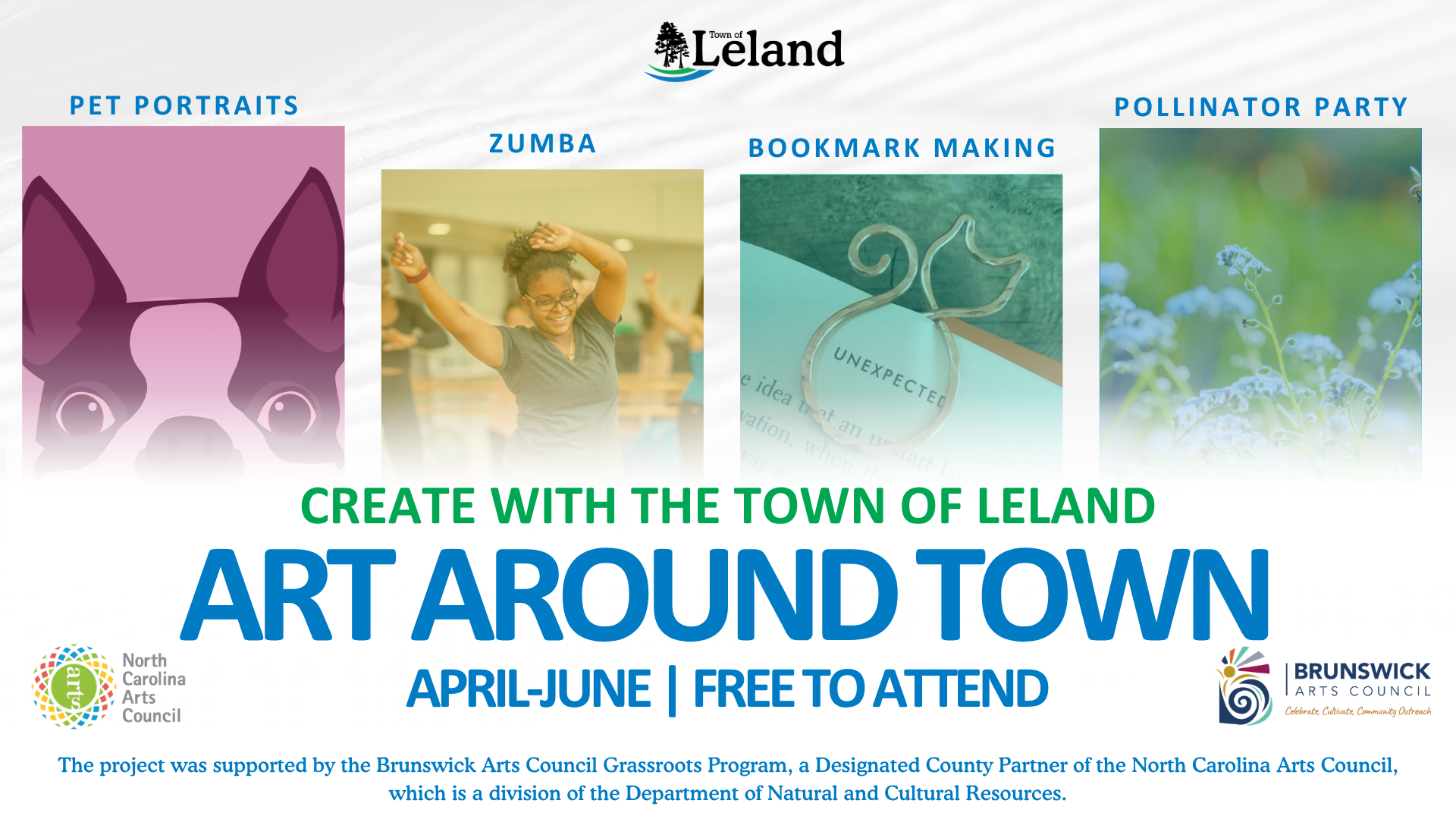 Art Around Town Graphic with pet portraits, Zumba, wire bookmark making, and polinator party